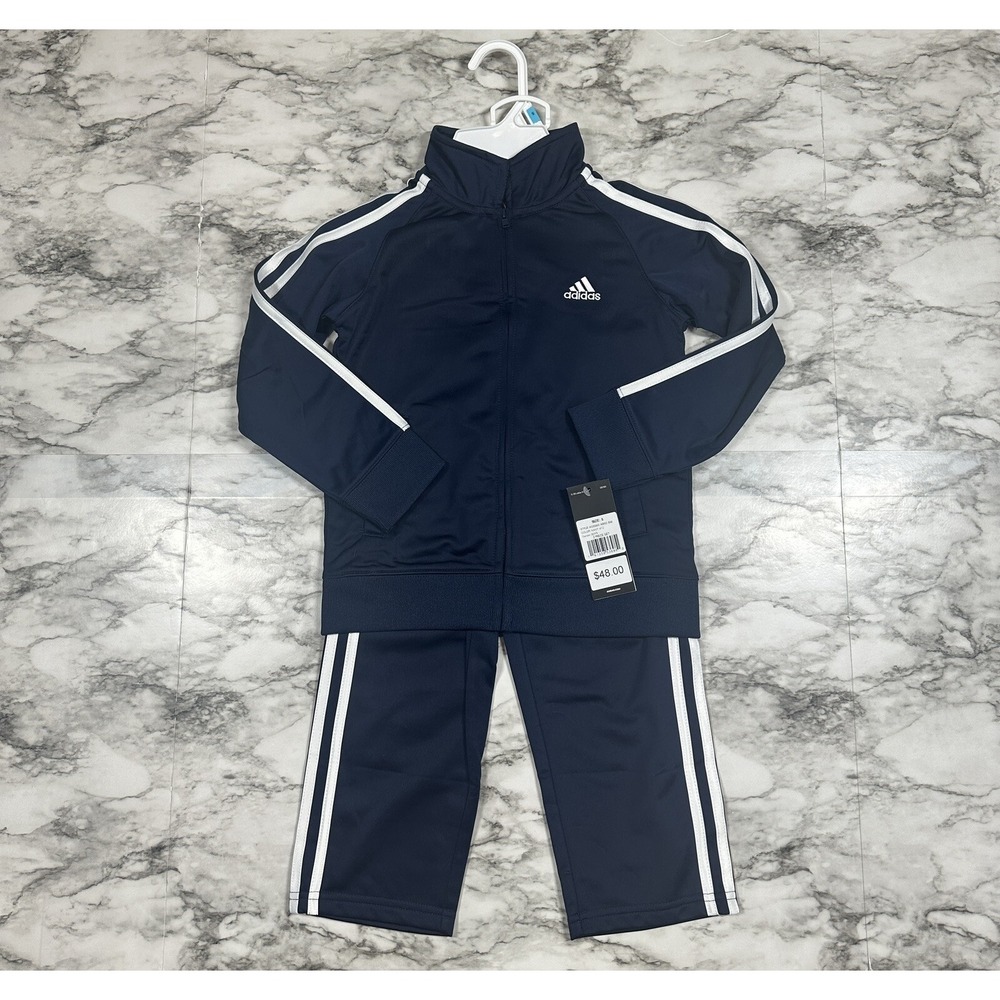 Adidas Boys Track‎ Suit Size 5 Navy Blue White Kids Sportswear 2PCS NWT
